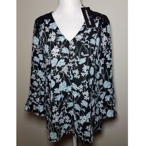 NWT|Karl Lagerfeld Blue & Black Floral Blouse, SMALL